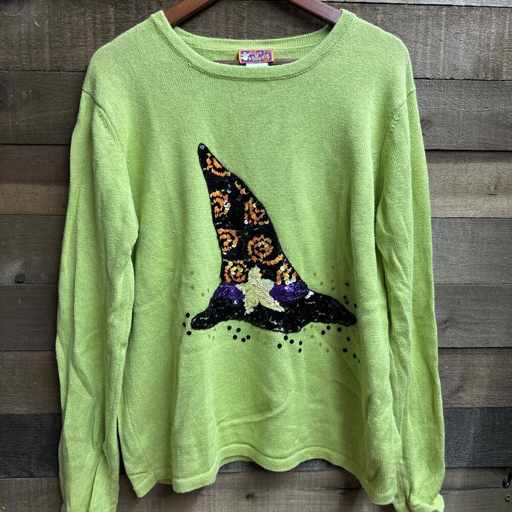 Peek A Boo Halloween Sequin Witches Hat Lime Green Pullover Sweater Women’s XL